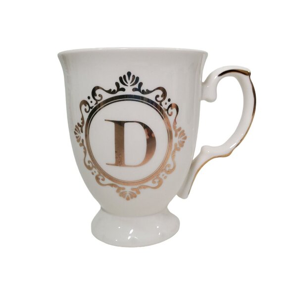 Gold Accent Monogram Initial D Letter Footed Coffee Mug Cup Victorian Style - Picture 2 of 7